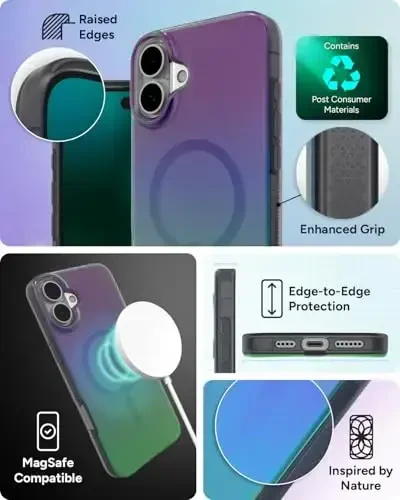ZAGG Milan Snap Case for iPhone 16 Plus - Rangini o'zgartiruvchi qoplama, MagSafe & Wireless zaryadlashga mos, 4m balandlikdan tushishdan himoya, Graphene bilan mustahkamlangan, Ekologik toza, Raven Feather - 5