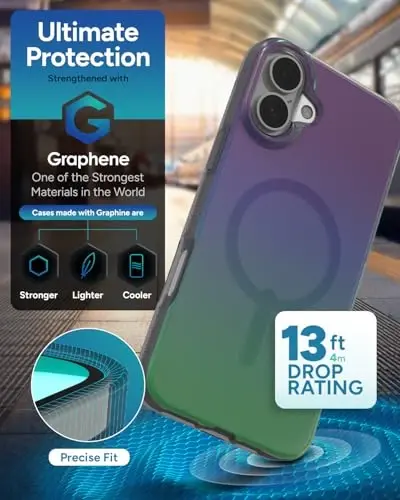 ZAGG Milan Snap Case for iPhone 16 Plus - Rangini o'zgartiruvchi qoplama, MagSafe & Wireless zaryadlashga mos, 4m balandlikdan tushishdan himoya, Graphene bilan mustahkamlangan, Ekologik toza, Raven Feather - 4