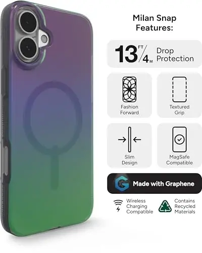 ZAGG Milan Snap Case for iPhone 16 Plus - Rangini o'zgartiruvchi qoplama, MagSafe & Wireless zaryadlashga mos, 4m balandlikdan tushishdan himoya, Graphene bilan mustahkamlangan, Ekologik toza, Raven Feather - 3