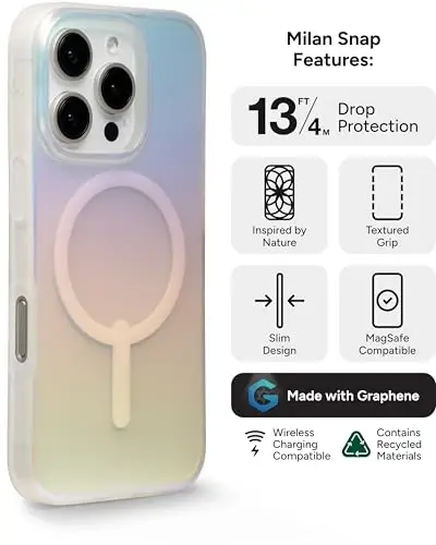 ZAGG Milan Snap Case for iPhone 16 Pro - Color Changing Finish, MagSafe & Wireless Charging Compatible, 13ft Drop Protection, Graphene Reinforced, Eco-Friendly, Matte Iridescent - 3