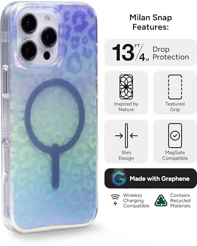 ZAGG Milan Snap Case for iPhone 16 Pro Max - Color Changing Finish, MagSafe & Wireless Charging Compatible, 13ft Drop Protection, Graphene Reinforced, Eco-Friendly, Glossy Iridescent Leopard - 3