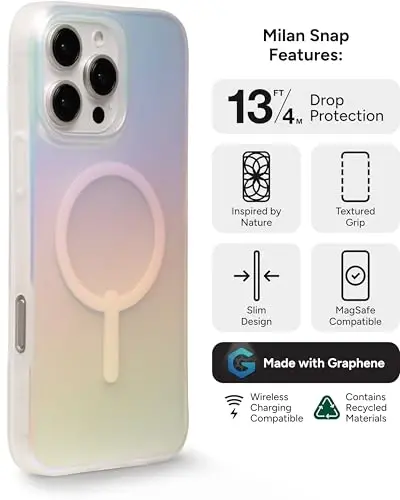 ZAGG Milan Snap Case for iPhone 16 Pro Max - Color Changing Finish, MagSafe & Wireless Charging Compatible, 13ft Drop Protection, Graphene Reinforced, Eco-Friendly, Matte Iridescent - 3