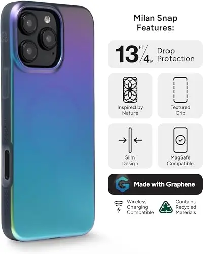 ZAGG Milan Snap Case for iPhone 16 Pro Max - Rang o'zgartiruvchi qoplama, MagSafe va simsiz quvvatlashga mos, 4 metrgacha tushishdan himoya, Graphene bilan mustahkamlangan, ekologik toza, Raven Feather - 3