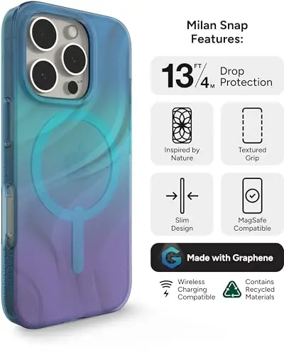 ZAGG Milan Snap Case for iPhone 16 Pro - Rang o'zgartiruvchi qoplama, MagSafe & Wireless zaryadlashga mos, 4m balandlikdan tushishdan himoya, Grafen bilan mustahkamlangan, Ekologik toza, To'q Aurora - 3
