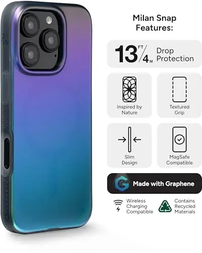 ZAGG Milan Snap Case for iPhone 16 Pro - Rangi o'zgaruvchan qoplama, MagSafe va simsiz zaryadlashga mos, 4 metrgacha tushishdan himoya, Graphene bilan mustahkamlangan, ekologik toza, Raven Feather - 3