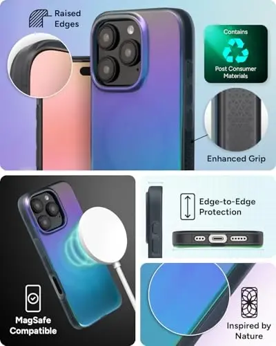 ZAGG Milan Snap Case for iPhone 16 Pro - Rangi o'zgaruvchan qoplama, MagSafe va simsiz zaryadlashga mos, 4 metrgacha tushishdan himoya, Graphene bilan mustahkamlangan, ekologik toza, Raven Feather - 5