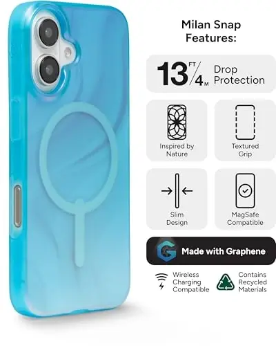 ZAGG Milan Snap Case for iPhone 16 - Rang o'zgartiruvchi qoplama, MagSafe & Wireless zaryadlashga mos, 4m gacha tushishdan himoya, Graphene bilan kuchaytirilgan, ekologik toza, Deep Aurora - 3