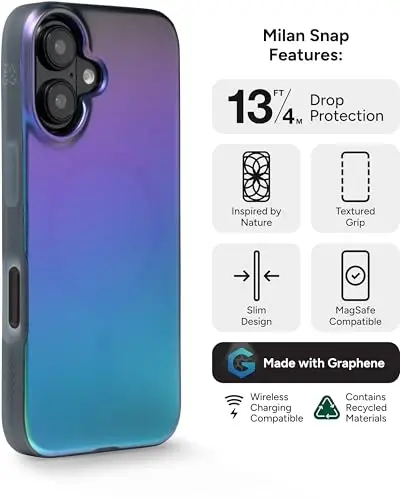 ZAGG Milan Snap Case for iPhone 16 - Rangi o'zgaruvchan qoplamali, MagSafe va simsiz zaryadlashga mos, 4 metrgacha tushishdan himoya, grafen bilan mustahkamlangan, ekologik toza, Raven Feather - 3