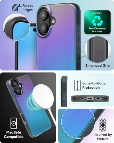 ZAGG Milan Snap Case for iPhone 16 - Rangi o'zgaruvchan qoplamali, MagSafe va simsiz zaryadlashga mos, 4 metrgacha tushishdan himoya, grafen bilan mustahkamlangan, ekologik toza, Raven Feather - 5