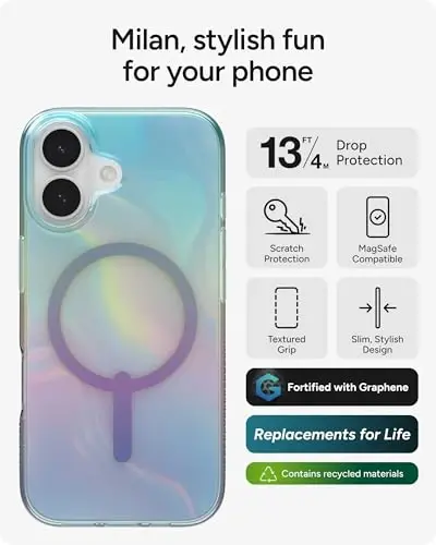 ZAGG Milan Snap Case for iPhone 17 - Iridescent Bubble, Graphene Strengthened Phone Case with Drop Protection (13ft/4m), Textured Edges & Sparkle Design, MagSafe Charging Compatible - 2