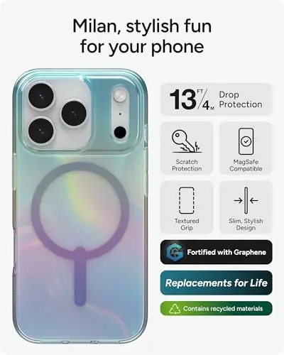 ZAGG Milan Snap Case for iPhone 17 Pro - Iridescent Bubble, Graphene Strengthened Phone Case with Drop Protection (13ft/4m), Textured Edges & Sparkle Design, MagSafe Charging Compatible - 2