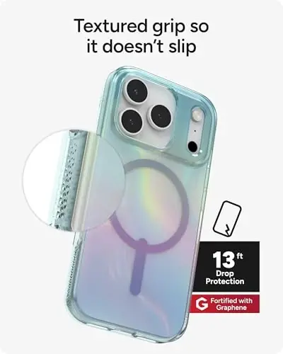 ZAGG Milan Snap Case for iPhone 17 Pro - Iridescent Bubble, Graphene Strengthened Phone Case with Drop Protection (13ft/4m), Textured Edges & Sparkle Design, MagSafe Charging Compatible - 5
