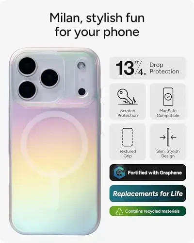 ZAGG Milan Snap Case for iPhone 17 Pro - Iridescent, Graphene Strengthened Phone Case with Drop Protection (13ft/4m), Textured Edges & Sparkle Design, MagSafe Charging Compatible - 2