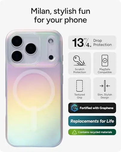 ZAGG Milan Snap Case for iPhone 17 Pro - Iridescent, Graphene Strengthened Phone Case with Drop Protection (13ft/4m), Textured Edges & Sparkle Design, MagSafe Charging Compatible - 2