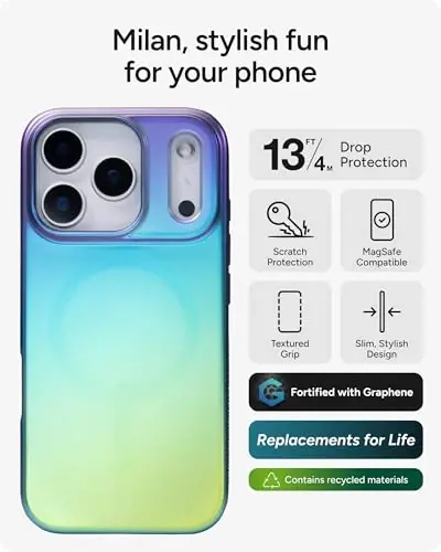 ZAGG Milan Snap Case for iPhone 17 Pro - Raven Feather, Graphene Güçlendirilmiş Telefon Kılıfı, Düşme Korumalı (13ft/4m), Dokulu Kenarlar ve Işıltılı Tasarım, MagSafe Şarj Uyumlu - 2