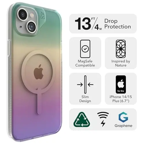 ZAGG Milan Snap iPhone 15 Plus/ 14 Plus Case - Drop Protection (13ft/4m), Durable Graphene, Scratch-Resistant, Wireless Charging MagSafe Case, Iridescent - 2