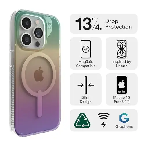 ZAGG Milan Snap iPhone 15 Pro Case - Drop Protection (13ft/4m), Bardoshli Graphene, Tirnalishga chidamli, Simsiz quvvatlash MagSafe Case, Iridescent - 2
