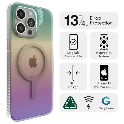 ZAGG Milan Snap iPhone 15 Pro Max Case - Drop Protection (13ft/4m), Durable Graphene, Scratch-Resistant, Wireless Charging MagSafe Case, Iridescent - 2