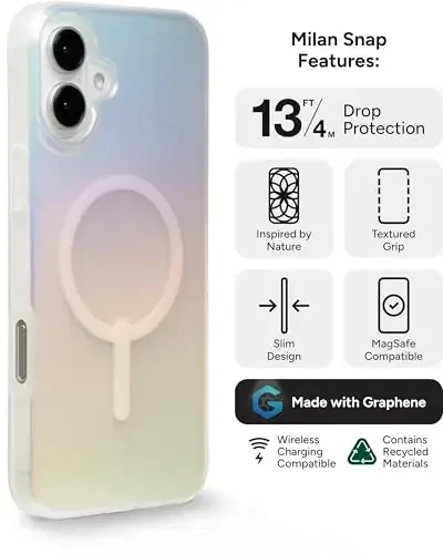 ZAGG Milan Snap iPhone 16 Plus Case - Rangini o'zgartiruvchi qoplama, MagSafe va simsiz zaryadlashga mos, Matte Iridescent qoplama, 4 m balandlikdan tushishdan himoya, Graphene bilan mustahkamlangan, Ekologik toza, Matte Iridescent - 3