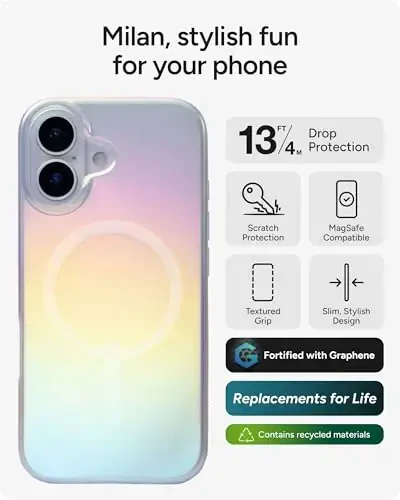ZAGG Milan Snap Case for iPhone 17 - Iridescent, Graphene Strengthened Phone Case with Drop Protection (13ft/4m), Textured Edges & Sparkle Design, MagSafe Charging Compatible - ZAGG (1)
