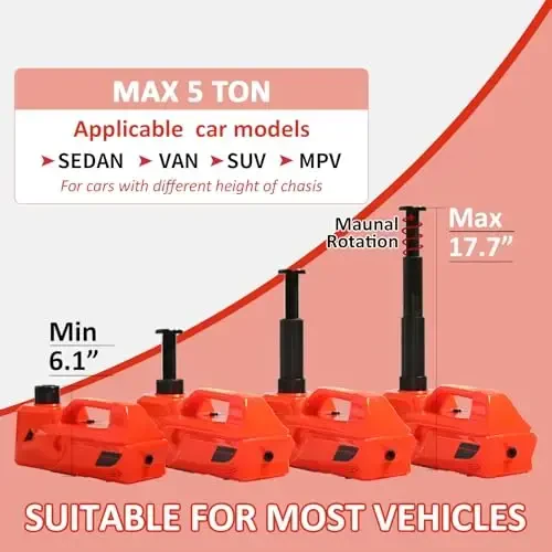 ZAISHANG Elektr Tokli Avtomobil Krati 5Ton 12V Gidravlik Avtomobil Krati Ko'tarish (Ko'tarish Oralig'i: 6.1~17.7 dyuym) Zarba Kaliti O'rnatilgan Xavfsizlik Bolg'asi va SUV MPV Sedan Yuk Mashinalari Shinani Almashtirish Ustaxonasi Ta'miri uchun LED Yoritgichi - 3