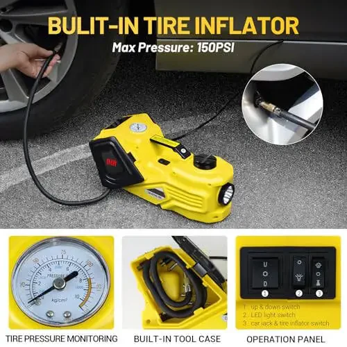 ZAISHANG Electric Car Jack Kit 5 Ton 12V (Lifting Range: 5.31-14.17 inch) with Impact Wrench, Inflator Pump and LED Light, for SUV/Truck/Sport Cars/Sedans/EVs Tire Inflation and Emergency Tire Change - 1
