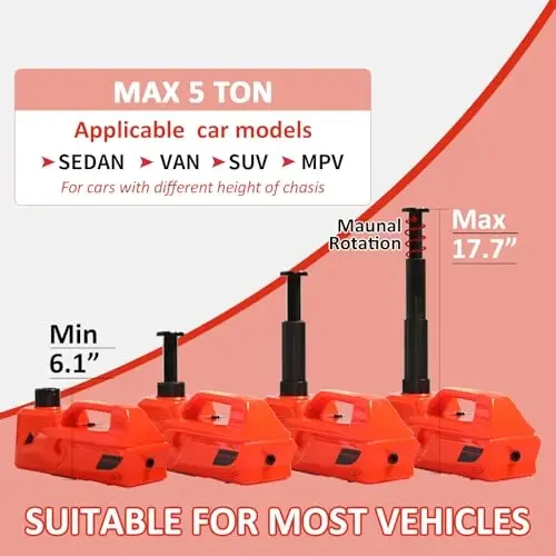 ZAISHANG Electric Car Jack 5Ton 12V Hydraulic Car Jack Lift (Lifting Range: 6.1~17.7 inch) Built-in Safety Hammer, and LED Light for SUV MPV Sedan Truck Change Tires Garage Repair - 2