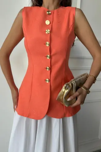 ЖАККАРДОВЫЙ ЛЬНЯНОЙ ЖИЛЕТ ПРИТАЛЕННЫЙ ЗОЛОТЫМИ ПУГОВИЦАМИ - Orange - 3