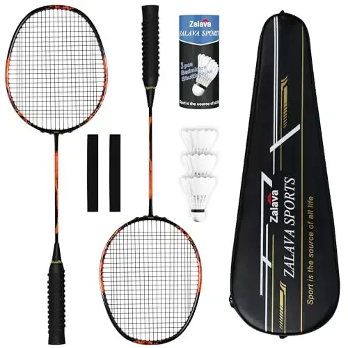 Zalava Badminton Racquets Set Professional Badminton Rackets Lightweight,4 Pack Carbon Fiber, 3 Feather Shuttlecocks, 2 Protect Case, 4 Overgrip,for Beginners,Advanced Players - Zalava