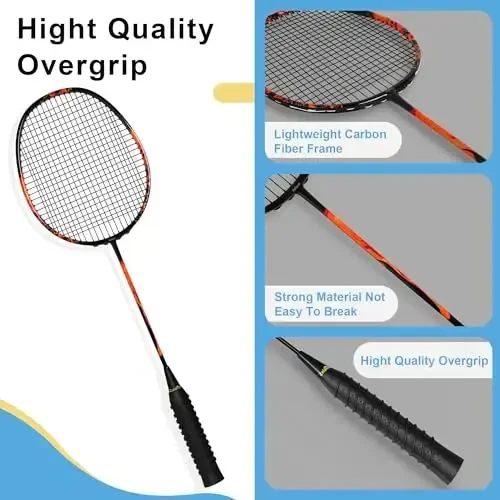 Zalava Badminton Racquets Set Professional Badminton Rackets Lightweight,4 Pack Carbon Fiber, 3 Feather Shuttlecocks, 2 Protect Case, 4 Overgrip,for Beginners,Advanced Players - 3
