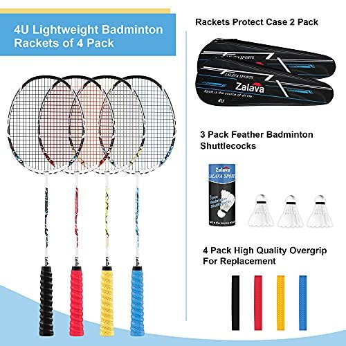 Zalava Badminton Racquets Set Professional Badminton Rackets Lightweight,4 Pack/2 Pack Carbon Fiber, 3 Feather Shuttlecocks, with Protect Case & Overgrip,for Beginners,Advanced Players - MODAZONE (1)