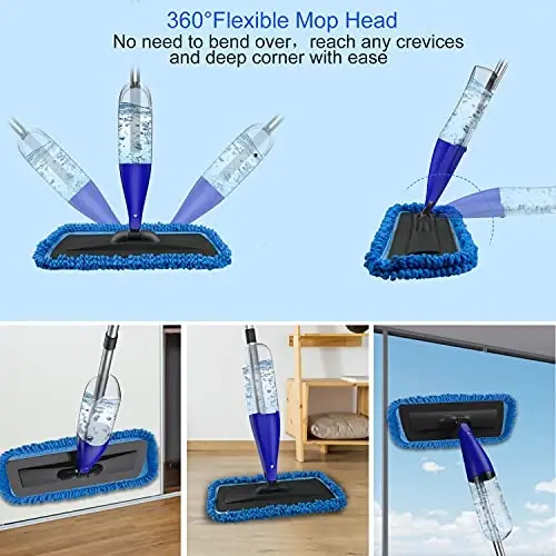 Zaminni tozalash uchun purkagichli mop, 3 dona yuviladigan prokladkali - Nam quruq mikrofiberli mop, oshxona, yog'och, qattiq yog'och, laminat, keramika plitalari, chang tozalash uchun 800 ml to'ldiriladigan shishali - 5