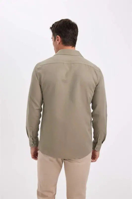 Zamonaviy Fit Polo Yaxasi Poplin Uzun Kolli Ko'ylak Och Haki - 5
