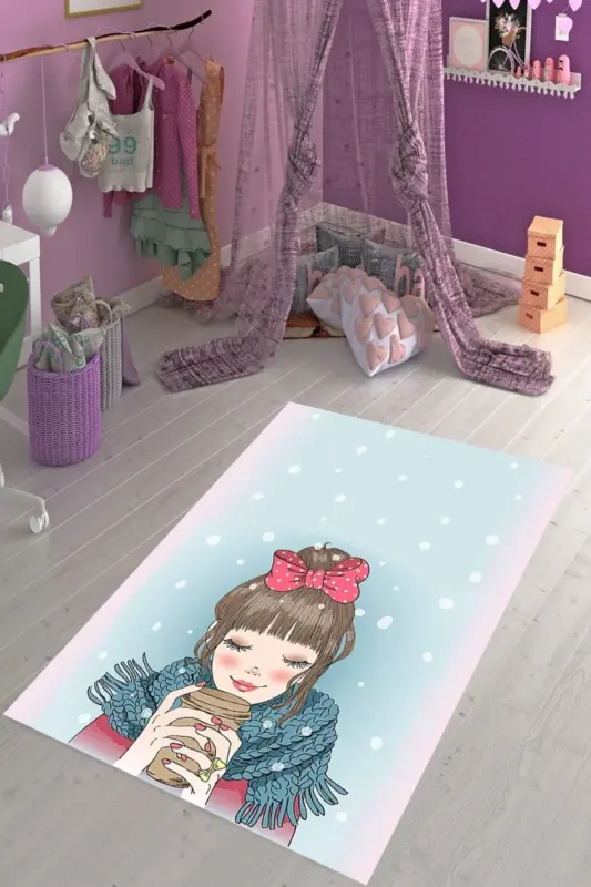 Zamonaviy Raqamli Bosma Sirpanmaydigan Taglik Yuviladigan Qizlar Xonasi Gilami - Pushti-Moviy - PELANGI