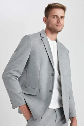 Zamonaviy tor bichimli yoqali tugmali Blazer B0122AX23AU-Kulrang 