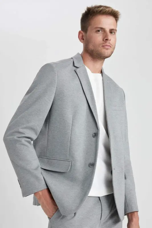 Zamonaviy tor bichimli yoqali tugmali Blazer B0122AX23AU-Kulrang - 1