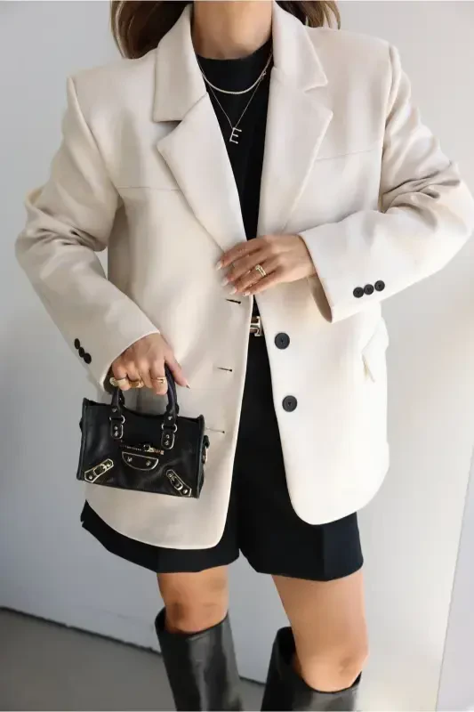 zamsh nubuk matosi uch tugmali keng kesimli o'rta bo'yli tikuv tafsilotlari pinterest brendi analog blazer ko'ylagi-tosh - 1