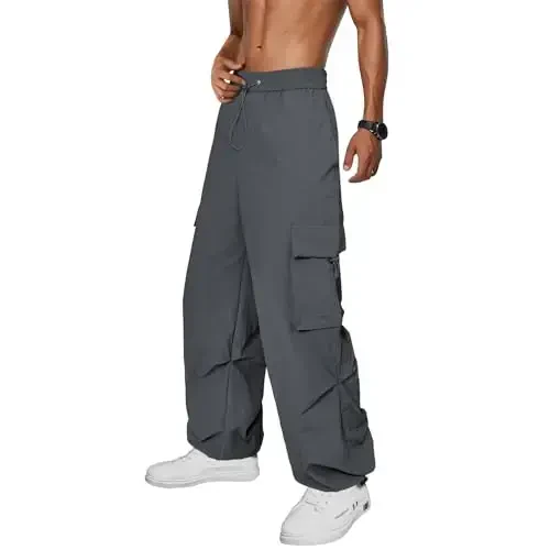 Zando Cargo Pants for Men Baggy Joggers Parachute Pants Waterproof Hiking with Pockets Drawstring Trouser 