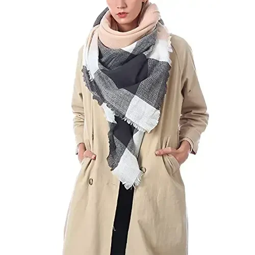 Zando Plaid Blanket Thick Winter Scarf Tartan Chunky Wrap Oversized Shawl Cape Scarves - 3