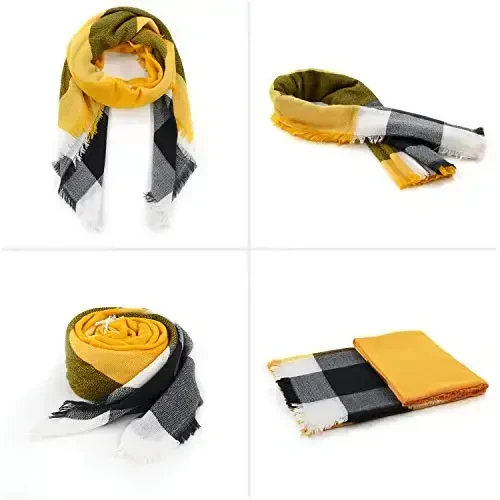 Zando Plaid Blanket Thick Winter Scarf Tartan Chunky Wrap Oversized Shawl Cape Scarves - 2