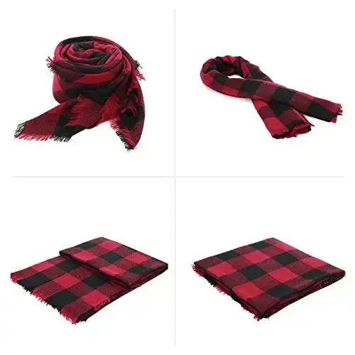 Zando Plaid Blanket Thick Winter Scarf Tartan Chunky Wrap Oversized Shawl Cape Scarves - 2