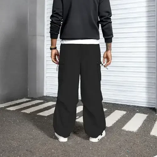 Zando erkaklar uchun kargo shim Baggy Jogger Parashyut shimlar cho'ntaklar bilan suv o'tkazmaydigan sayohat uchun tortmali shim - 4