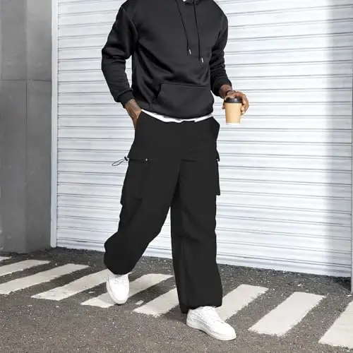 Zando erkaklar uchun kargo shim Baggy Jogger Parashyut shimlar cho'ntaklar bilan suv o'tkazmaydigan sayohat uchun tortmali shim - 5
