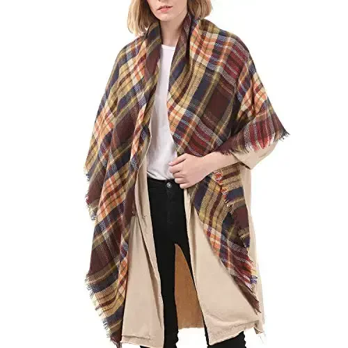 Zando Plaid Blanket Thick Winter Scarf Tartan Chunky Wrap Oversized Shawl Cape Scarves - 4