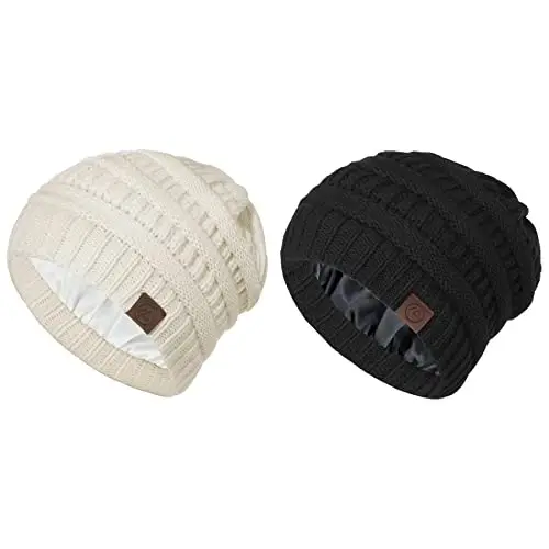 Zando Satin Lined Beanie for Women & Teens, Anti-Frizz Winter Hat | Hair Protection, Slouchy Style, High Elasticity, Chunky Knit & Windproof, Warm & Comfortable for Travel, Daily Wear - 1
