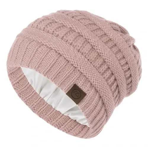 Zando Satin Lined Beanie for Women & Teens, Anti-Frizz Winter Hat | Hair Protection, Slouchy Style, High Elasticity, Chunky Knit & Windproof, Warm & Comfortable for Travel, Daily Wear - 1