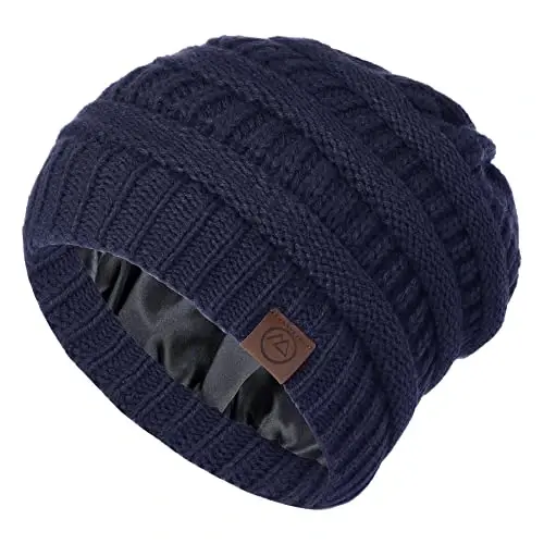 Zando Satin Lined Beanie for Women & Teens, Anti-Frizz Winter Hat | Hair Protection, Slouchy Style, High Elasticity, Chunky Knit & Windproof, Warm & Comfortable for Travel, Daily Wear - 1