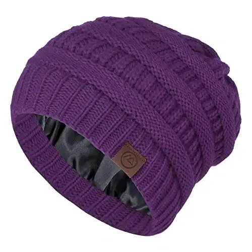Zando Satin Lined Beanie for Women & Teens, Anti-Frizz Winter Hat | Hair Protection, Slouchy Style, High Elasticity, Chunky Knit & Windproof, Warm & Comfortable for Travel, Daily Wear - 1