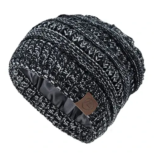 Zando Satin Lined Beanie for Women & Teens, Anti-Frizz Winter Hat | Hair Protection, Slouchy Style, High Elasticity, Chunky Knit & Windproof, Warm & Comfortable for Travel, Daily Wear - 1
