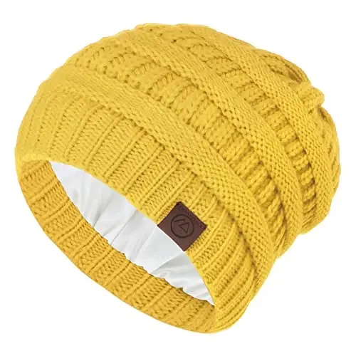 Zando Satin Lined Beanie for Women & Teens, Anti-Frizz Winter Hat | Hair Protection, Slouchy Style, High Elasticity, Chunky Knit & Windproof, Warm & Comfortable for Travel, Daily Wear - 1